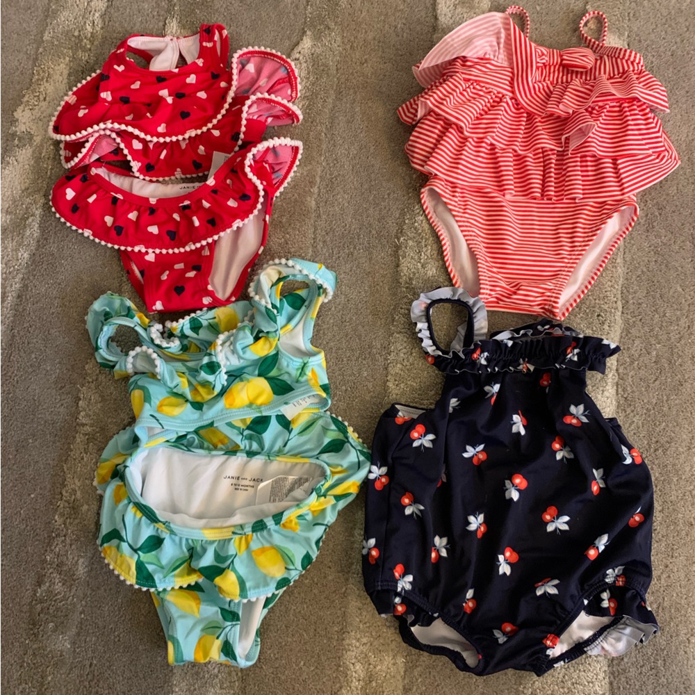 Infant Janie and Jack bathing suits, two piece and one piece. NEVER USED.
